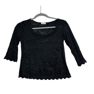 Arianne Sheer Mesh Top Womens S Black Y2K Lace Velvet Burnout Whimsigoth Fairy